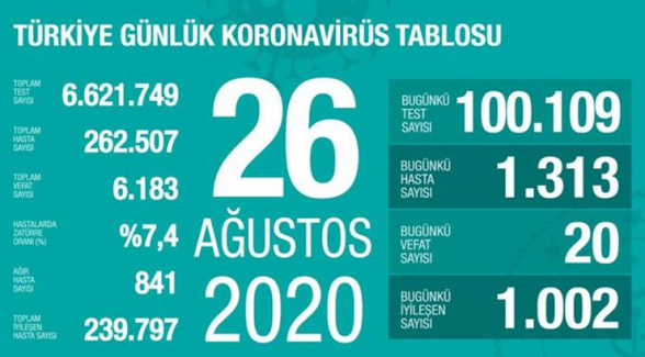 Թուրքիայում օգոստոսի 26-ին նոր տիպի կորոնավիրուսից մահացել է 20 մարդ