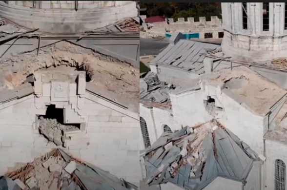 Пострадавший вследствие ударов ВС Азербайджана Собор в арцахском Шуши (видео)