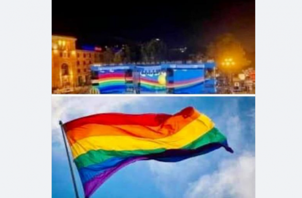 Կապիտուլյանտը այս դրոշը ֆռացնելով Հանրապետության հրապարակում, խնդրում է LGBT-ի համայնքին ընտրություններում իրեն սատարել