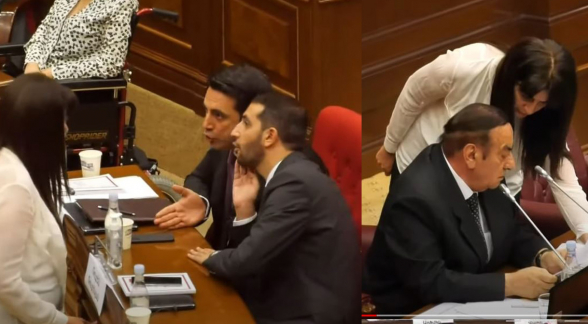 Ալեն Սիմոնյանն ու Ռուբեն Ռուբինյանն ուղղորդում են Աժ նիստը վարող Հասանովին (տեսանյութ)