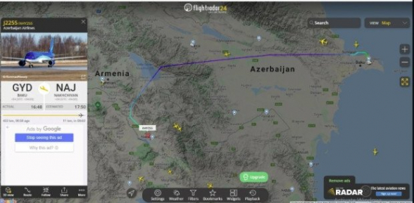 Азербайджанские самолеты продолжают совершать полеты через воздушное пространство Армении (фото)